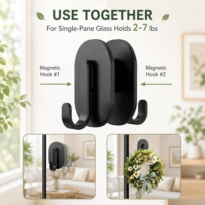 Heavy Duty Magnetic Wreath Hanger, Strong Magnetic Hooks for Front Door, Holds 10 lbs, No-Scratch, Versatile Wreath Hook for All Season Decor, Kitchen, Fridge, Garage (Black, 2 Pack)