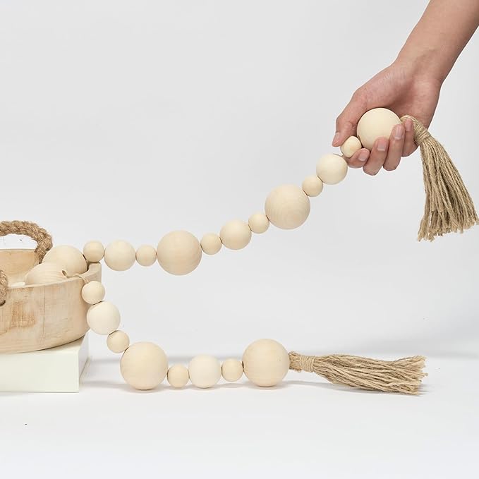 2" Extra Large Wood Bead Garland with Tassels, 44" Long Rustic Farmhouse Wooden Beads Garland, Decorative Beads Boho Decorations for Home Table Mantle Natural Beige