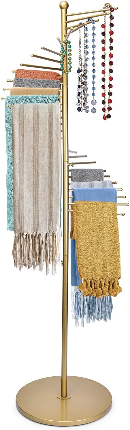 Metal Scarf Rack, Freestanding Spiral Scarf Holder Commercial Hijab Organizer Belt Pants Hanger with 30 Rods for Clothing Store Home, Space Saving Shelves (Color: Gold, Size: 17''x67'')