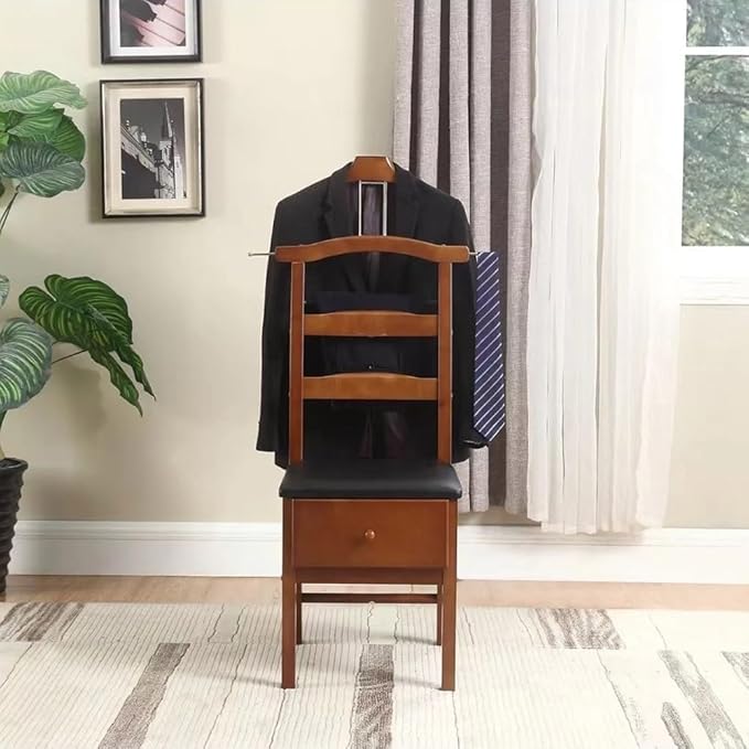 Chair Valet, Freestanding Suit Valet Stands for Women and Men with Drawer Trouser Bar and Tie Bar Wooden Chair Valet Stand Accessory Clothes Organizer,Wooden，45.7 * 58.4 * 111.8cm