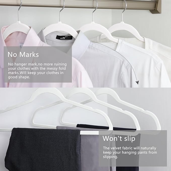 MIZGI Premium Velvet Hangers (60 Pack) Heavy Duty - Non Slip Felt Suit White Chrome Hooks,Space Saving Clothes White/Silver
