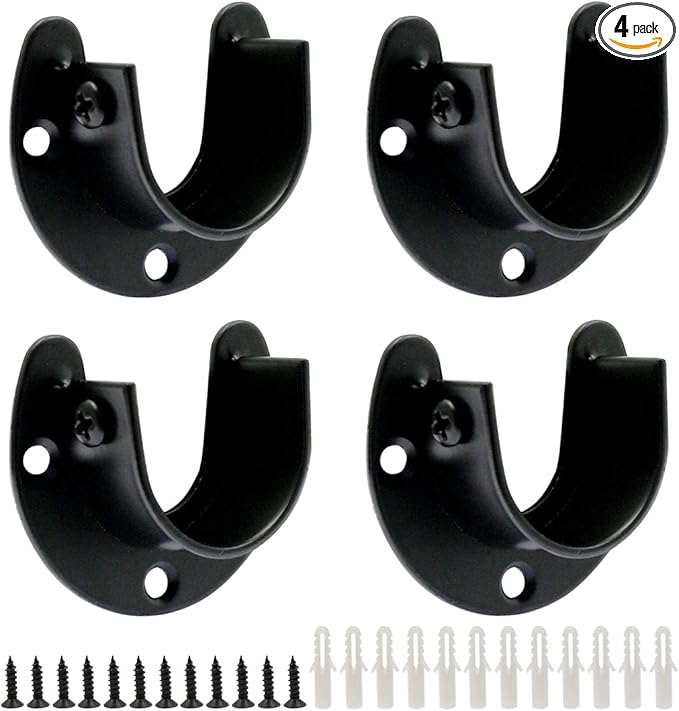 4PCS Stainless Steel Closet Rod Bracket, 1-1/3 Inch Diameter, Heavy Duty, U Shaped End Supports, Black