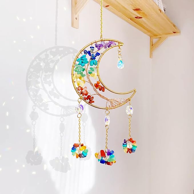 Moon Dream Catchers with Crystal 7 Chakra Gemstone Dream Catchers Crystal Suncatcher Rainbow Maker Good Luck Decor for Window Wall Car Home Garden (Moon)