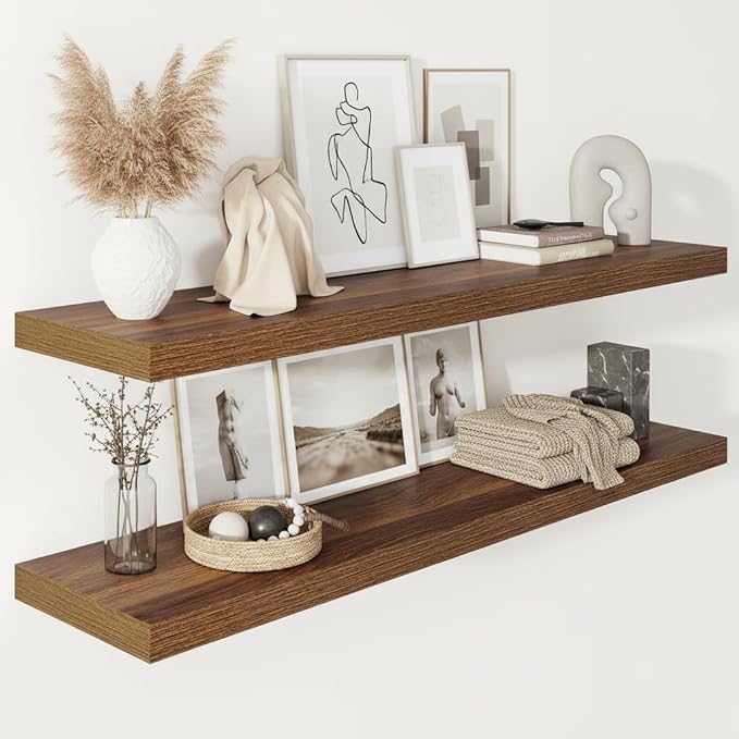 Vivelove Wide Floating Shelves for Wall 12 Inch Deep, 47.2" X 12" X 2" Floating Shelf, 2 Inch Thick Shelf for Living Room Bathroom Bedroom Kitchen Book Room, Rustic Farmhouse Decor Set of 2, Walnut