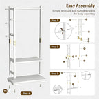Solid Wood Clothes Rack with 2 Shelves & 4 Hooks for Hanging Clothes Garment Wallets Hats, White Clothing Rack Heavy Duty Coat Rack Freestanding with Storage Hall Tree for Hallway Bedroom Living Room