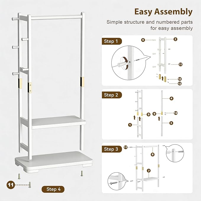 Solid Wood Clothes Rack with 2 Shelves & 4 Hooks for Hanging Clothes Garment Wallets Hats, White Clothing Rack Heavy Duty Coat Rack Freestanding with Storage Hall Tree for Hallway Bedroom Living Room