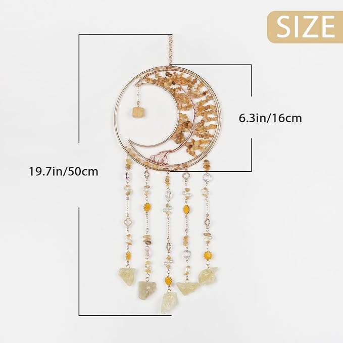 Yellow Gemstone Dream Catcher 7 Chakras Tree of Life Moon Dream Catchers with Healing Crystal Stones Handmade Suncatcher Dreamcatcher Wall Decor for Adults Living Room,Bedroom,Garden,Bless Gift