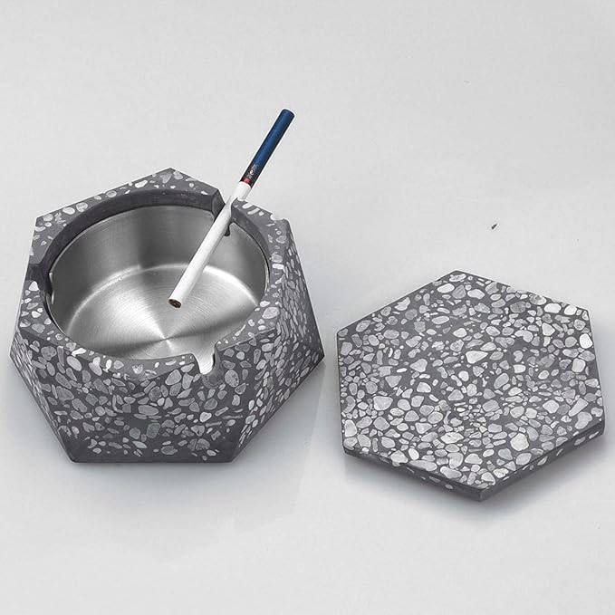 FREELOVE Concrete Ashtray with Lid & Stainless Steel Ashtrays for Cigarettes, Cement Ash Tray Smoking Holder Indoor Smokeless Outdoor Windproof Patio Home Office Cool Decor(Stone Grey, Small)