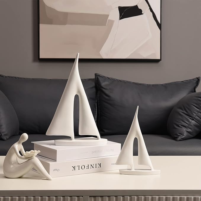 Saysmile Modern Sculptures Home Decor, Sailboat Decor Ornament, Boat Decorations Statue Decor, Art Sculptures and Statues, Sailboat Gifts Home Office Bathroom Shelf Decor (White-2 Pack)