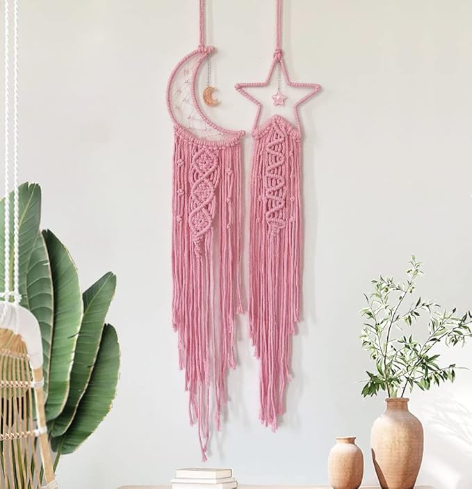 Dream Catchers Star Moon Dream Catcher Pink Room Decor, Macrame Dream Catcher Girls Teenager Bedroom Wall Decor,Boho Dreamcatcher Girls Room Decoration Teen Girl Gifts for Women Birthday Gifts Mother
