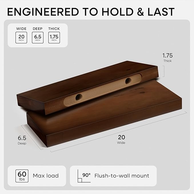 Homeforia Walnut 20 inch Floating Shelf, High End Solid Real Wood 20inch Floating Shelves for Wall Mounted, Dark Brown 20 inches Long Floating Shelves, Heavy Duty Bracket, 20 X 6.5 X 1.75 in, Set of 3