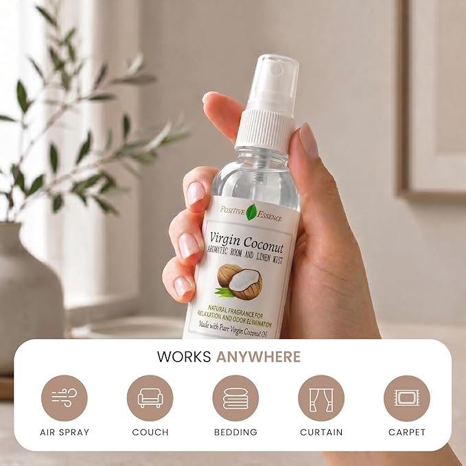 Virgin Coconut Linen and Room Spray, Natural Aromatic Mist Made with Pure Virgin Coconut Oil, Relax Your Body & Mind, Perfect as a Bathroom Air Freshener Odor Eliminator
