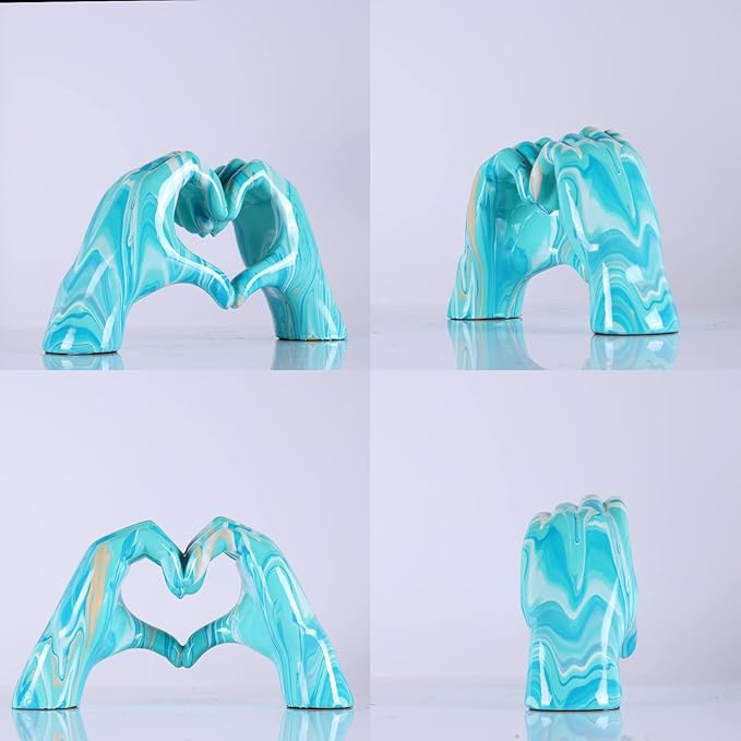 Navy blue hand heart decoration, heart hand statue, love finger sculpture wedding decoration, suitable for bookshelf coffee table office bedroom TV cabinet bookshelf small ornaments home decoration.
