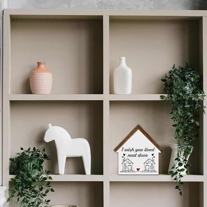 Housewarming Gifts, New House Decor, Gifts for Best Friend, I Wish You Lived Next Door House Shaped Wooden Block Sign Home Living Room Decor for Desk Table Shelf