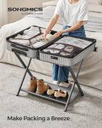 SONGMICS Luggage Rack for Guest Room, Suitcase Stand with Storage Shelf, Steel Frame, Foldable for Easy Storage, Hotel, Bedroom, Slate Gray URLR003G01