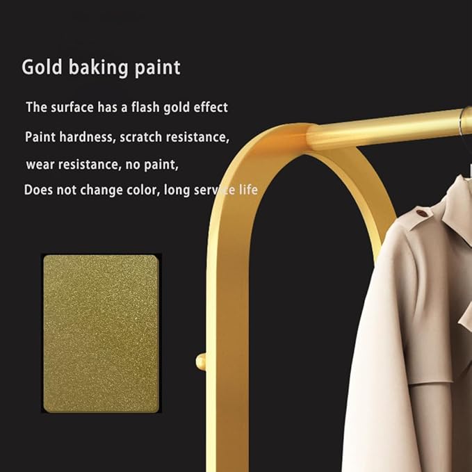 Gold Clothing Rack,Metal Garment Rack with Bottom Storage Shelves and 6 Side Hooks,modern Sturdy clothes racks for hanging clothes,Freestanding Wardrobe Rack for Bedroom or Boutique (L:39.4IN)