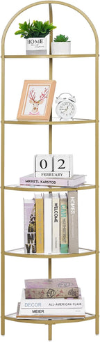 Homhedy 5-Tier Corner Shelf Stand, Metal Corner Bookshelf, Tempered Glass Shelves, Bathroom Storage Rack Shelf, Plant Stand, Modern Style, Golden