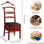 Wooden Suit Valet Stand with Contour Hanger Tie Bar Belt Hooks Chair Valet with Drawer Freestanding Clothes Stand Standing Hanger for Living Room, Entryway, Bedroom(Light Brown)