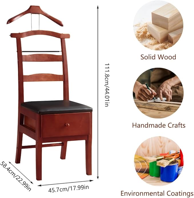 Wooden Suit Valet Stand with Contour Hanger Tie Bar Belt Hooks Chair Valet with Drawer Freestanding Clothes Stand Standing Hanger for Living Room, Entryway, Bedroom(Light Brown)