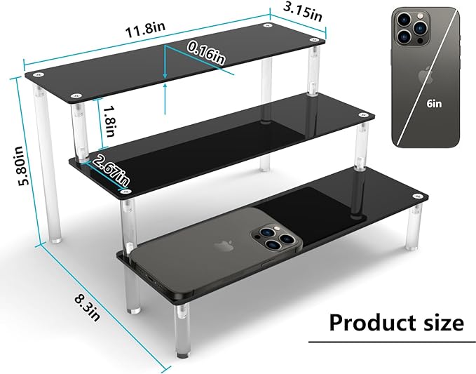 Acrylic Riser Black Acrylic Shelf Riser 3 Tier Perfume Organizer Cologne Display Stand Large Cupcake Stand Shelf for Funko POP Desserts Holder Collection Cosmetic Products Tabletop Use 12"X8"X6"