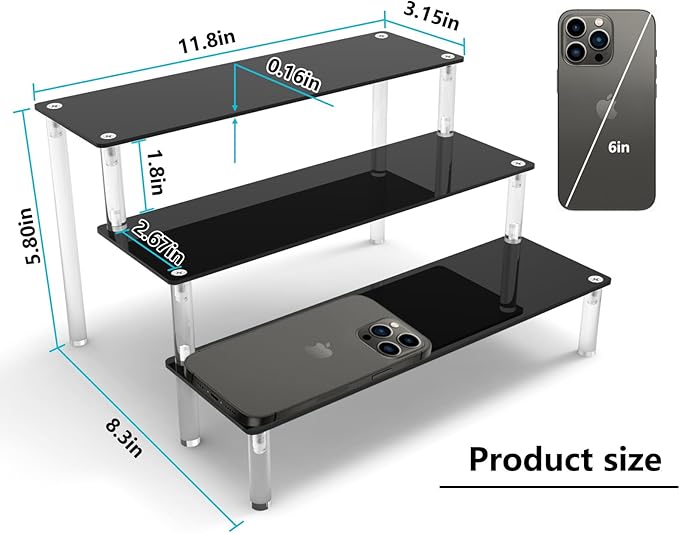 AZEAM Acrylic Riser, Black Display Risers Stand Large Collection Organizer Shelf for Cupcake Food Desserts Holder Cosmetic Products Tabletop Use and More (12 X 8 X 6 Inch) (3 Packs Black)