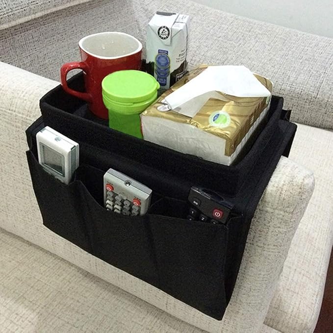 Sofa Armrest Organizer, Couch TV Remote Storage Organizer with Pockets for Recliner Armchair Snacks Glasses Smartphone Magazines Pouch (Black+Black)