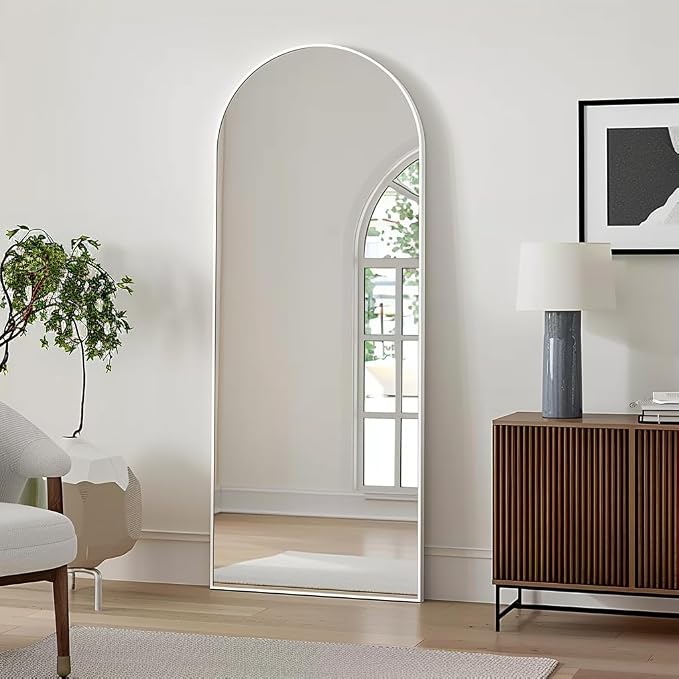 Prywot Arched Floor Mirror, 58" x 18" Full Length Wall Mirror Hanging or Leaning Arched-Top Full Body Mirror with Stand for Bedroom, Dressing Room, White