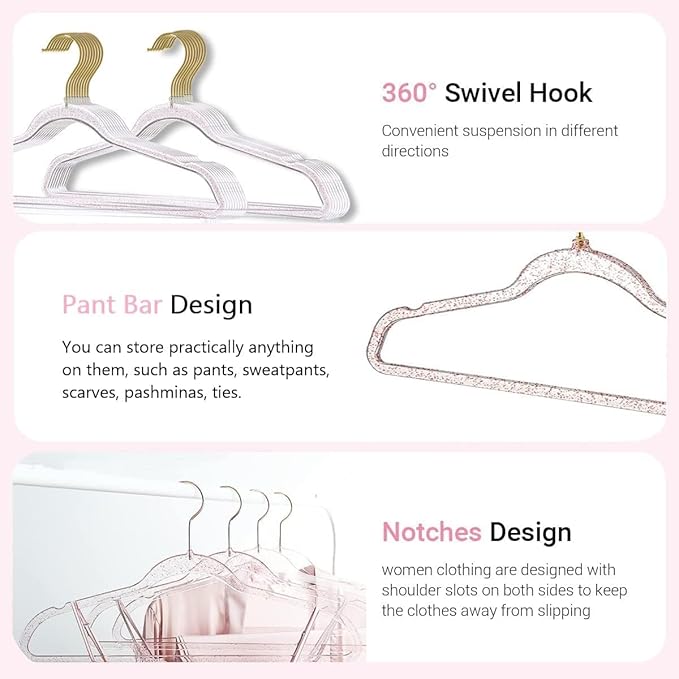 Pink Clothes Hangers 16", 40 Pack Plastic Clear Coat Hanger for Adult Closet, Durable Bling Ganchos de Ropa with Swivel Hook, Notched Shoulders & Ultra-Thin Space Saving Laundry Hanger for Dress Suits