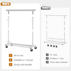 Heavy Duty Clothes Rack, 530 lbs Load Capacity Metal Garment Rack on Wheels - Collapsible Adjustable Portable Storage with Hooks, White