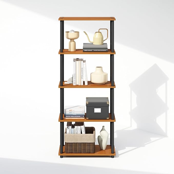 Furinno Turn-N-Tube Book Shelf, 5-Tier Bookshelf, Bookcase with Multipurpose Compact Display Rack, 11.6 x 23.6 x 57.4, for Living Room, Bedroom, Home Office, Light Cherry/Black