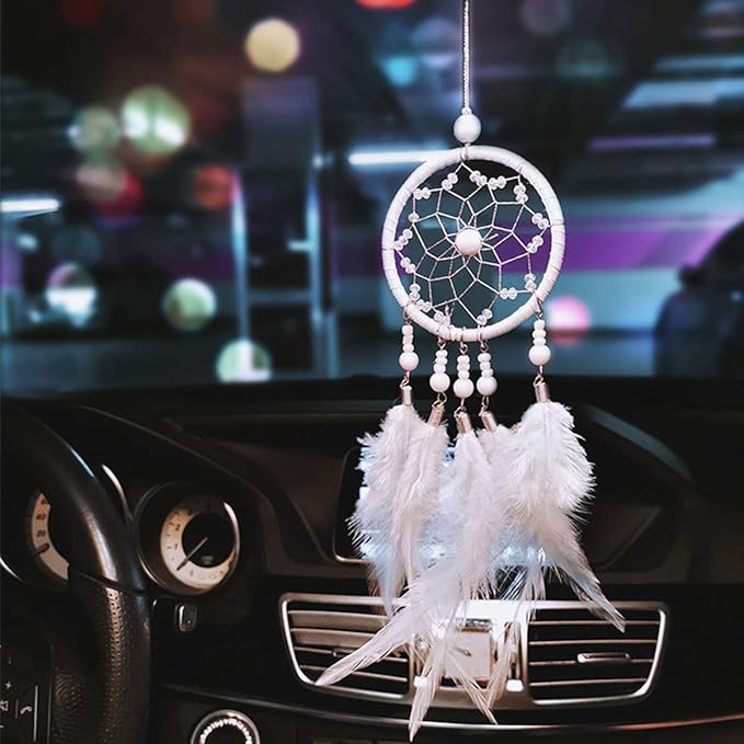 Feather Dream Catcher Pendant, Small Car Charm for Wall & Bedroom Hanging Decorations (White)