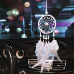Feather Dream Catcher Pendant, Small Car Charm for Wall & Bedroom Hanging Decorations (White)