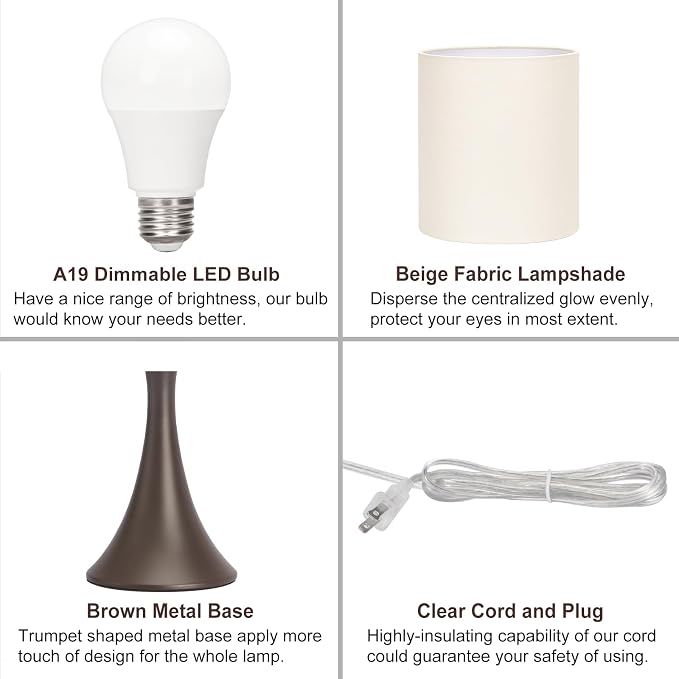 3 Way Touch Control Table Lamp, Modern Bedside Lamp Dimmable Nightstand Lamp with Beige Shade and Dark Brown Base, Small Desk Lamp for Living Room, Dorm, Home Office, 9W LED Bulb Included
