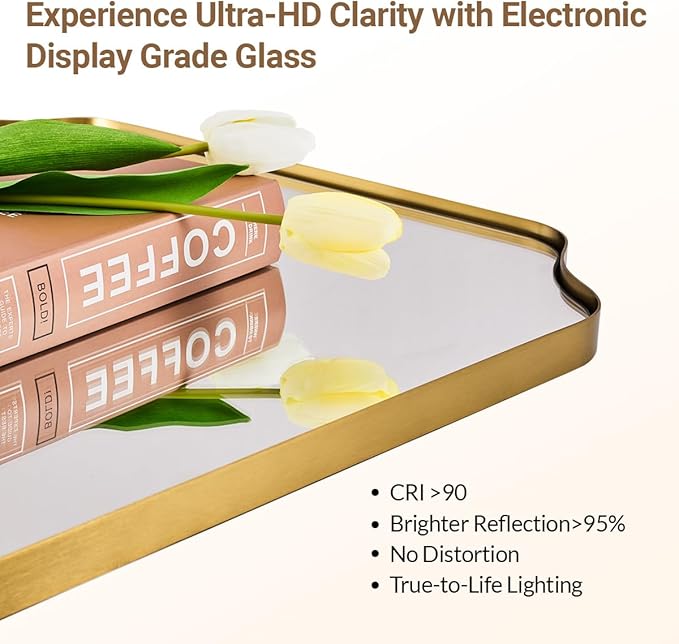 ANDY STAR 24"x40" Gold Mirror, Brushed Brass Scalloped Wall Mirror, Unique Rectangle Mirror, Bathroom Vanity Mirror in Anti-Rust Stainless Steel Metal Frame 1’’ Deep, Hangs Vertically/Horizontally