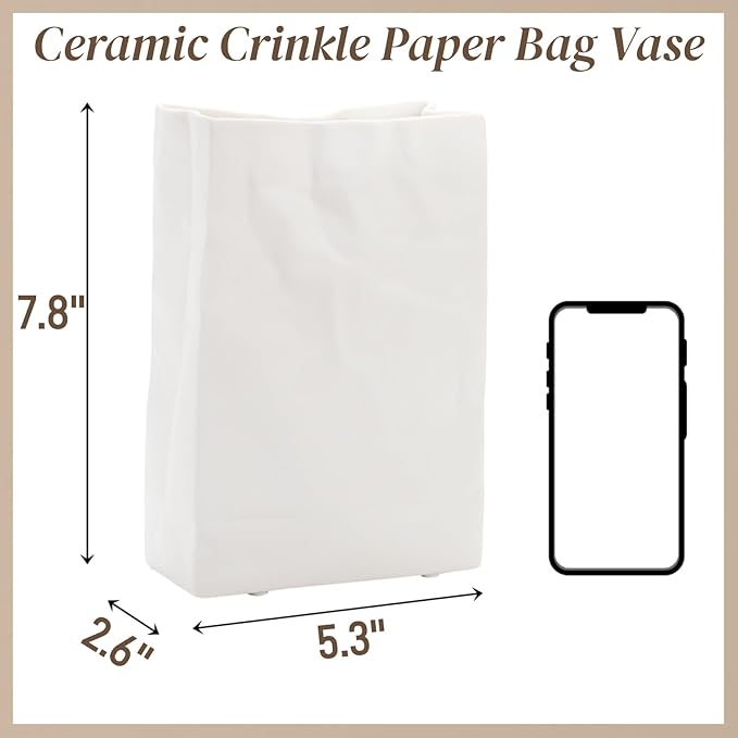 Crinkle Paper Bag Ceramic Vase, 7.8 Inch Square Wide Mouth Pleated Planter, Unique White Matte Vase, Minimalist Boho Pot for Flower Arrangement Table Centerpiece Home Office Bookshelf Decor