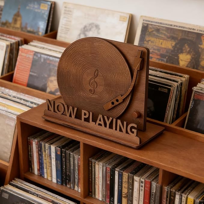 Now Playing Vinyl Record Stand, Tabletop Wooden Vinyl Record Storage Holder, Now Spinning Album Display Rack for LP Enthusiast, Vintage Rustic Organizer for Records & Magazines(COLOR:wood)