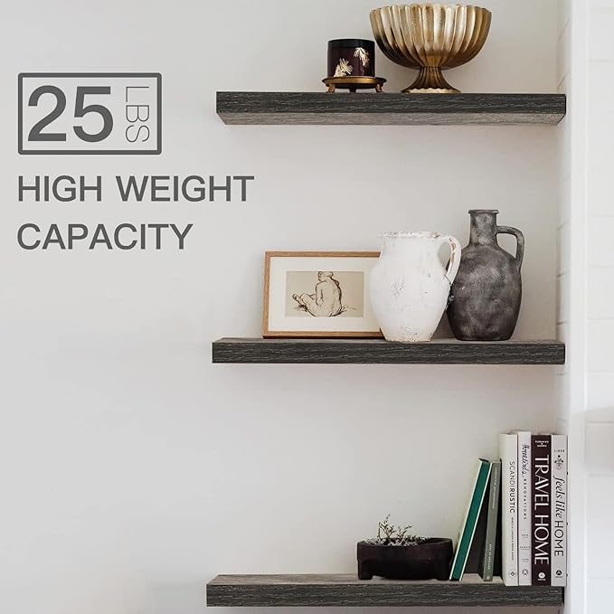 QEEIG Floating Shelves for Wall 23.6" Long - Wall Mounted Shelf Bathroom Kitchen Living Room Bedroom Farmhouse Home Decor Display Bookshelf Large 23.6 x 9.3 inch Set of 2, Grey (008-60GY)