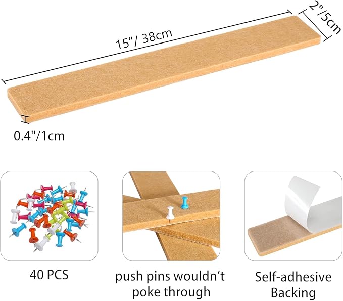 Cork Board for Walls - 8 Pack Felt Pin Board Bar Strips - Self-Adhesive Lightweight Bulletin Board - Cork Board for Office with 40 Push Pins No Damage for Wall (Camel)
