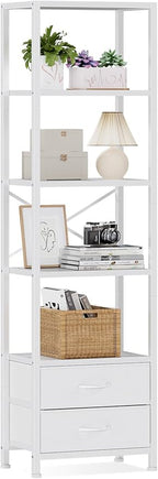 Furnulem 5-Tier Corner Shelf, Narrow Bookshelf with 2 Storage Drawers, Tall Bookcase, Wood Display Standing Shelf Organizer Unit for Living Room, Bedroom, Metal Frame(White)