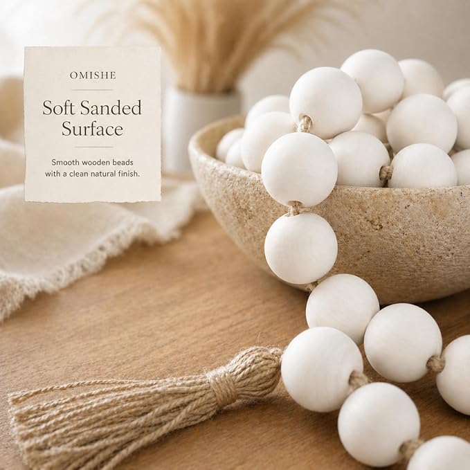 OMISHE Extra Large Wood Bead Garland White with 1.6" Diameter Wooden Beads and Tassels, 41" Long Rustic Farmhouse Country Decorative Beads for Home Tiered Tray Decor, White