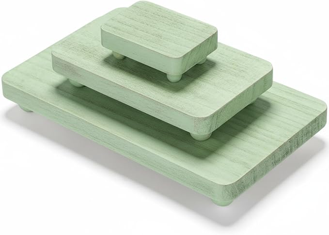 Maitys 3 Pcs Wooden Risers for Display Pedestal Stand Wooden for Decor Farmhouse Vintage Rustic Stackable Kitchen Stand Tray Riser, 3 Sizes(12 x 6.7, 8 x 4.7, 4 x 2.8 in,Green)