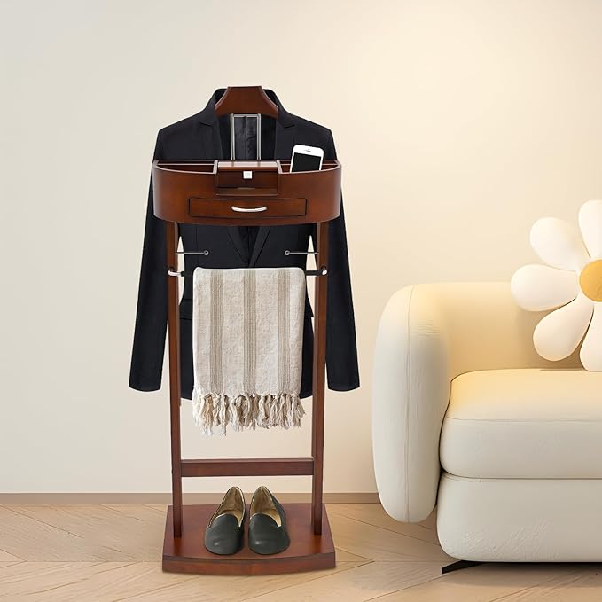Wood Suit Valet Stand, Freestanding Heavy Duty Valet Stand, Valet Stands with Storage Drawer and Bottom Shoe Rack, 22 lbs Capacity for Living Room, Bedroom, Office (Brown)