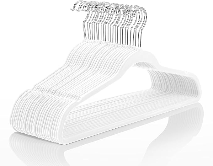 MIZGI Premium Velvet Hangers (50 Pack) - Heavyduty Non Slip Felt Suit Hangers - White Chrome Hooks, Space Saving