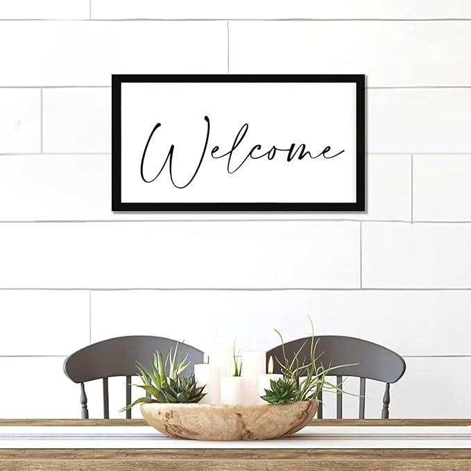 Rustic Chic Style 12x22in Farmhouse Wood Sign with Encouragement Quote Welcome Family Lettering Black Frame Wooden Plaque for Washroom Farmhouse Porch Cottage Wall Decor Birthday Housewarming Gift