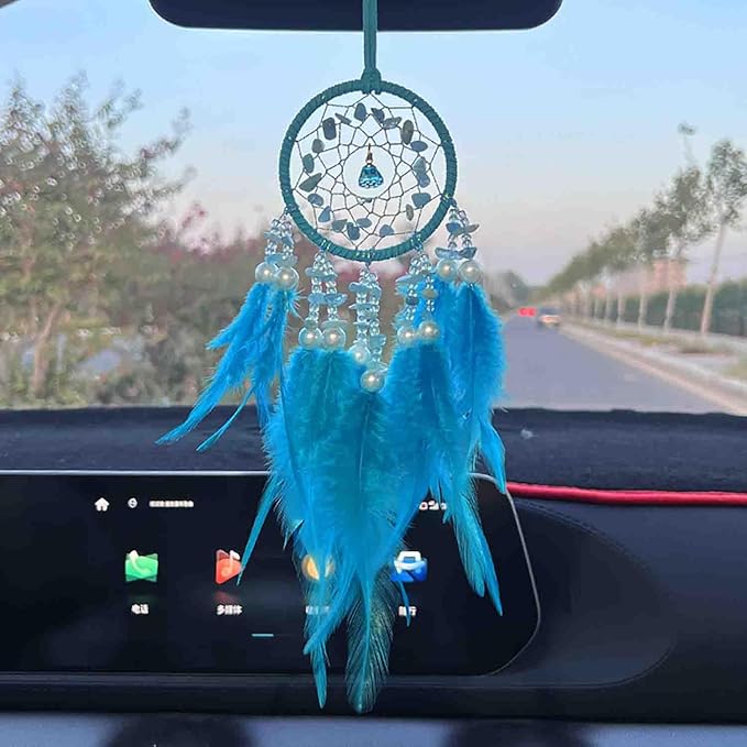 Dream Catcher for Car Rearview Mirror, Hanging Charm Ornament Pendant, Lucky Interior Accessory (Blue)