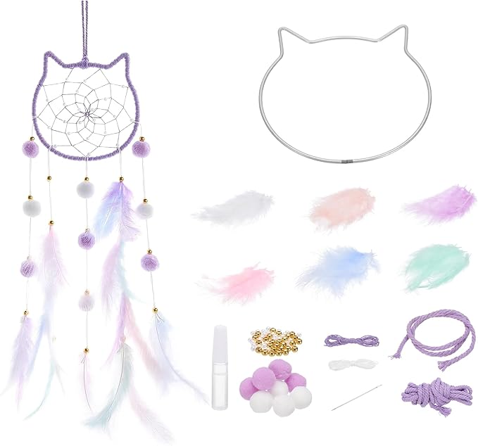 PATIKIL DIY Dream Catcher, Cat Making Dream Catcher Supplies Handmade Dream Catcher Kit Feather Pompom Beads for Wall Hanging Ornament Decor Craft, Purple