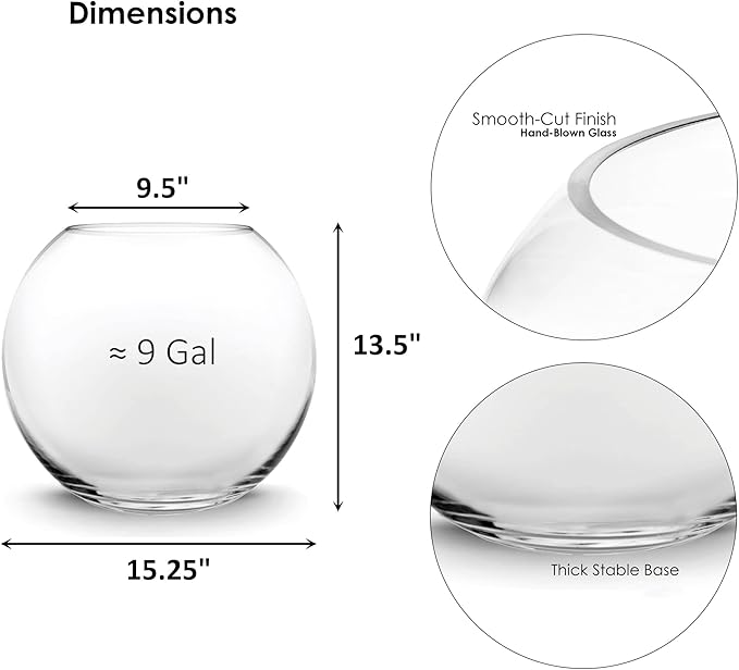 CYS EXCEL Large Glass Bubble Bowl (H-13.5" W-15.25", Approx. 9 Gal.) Round Bowl Terrarium Globe Flower Vase Centerpiece for Weddings Events Arrangements
