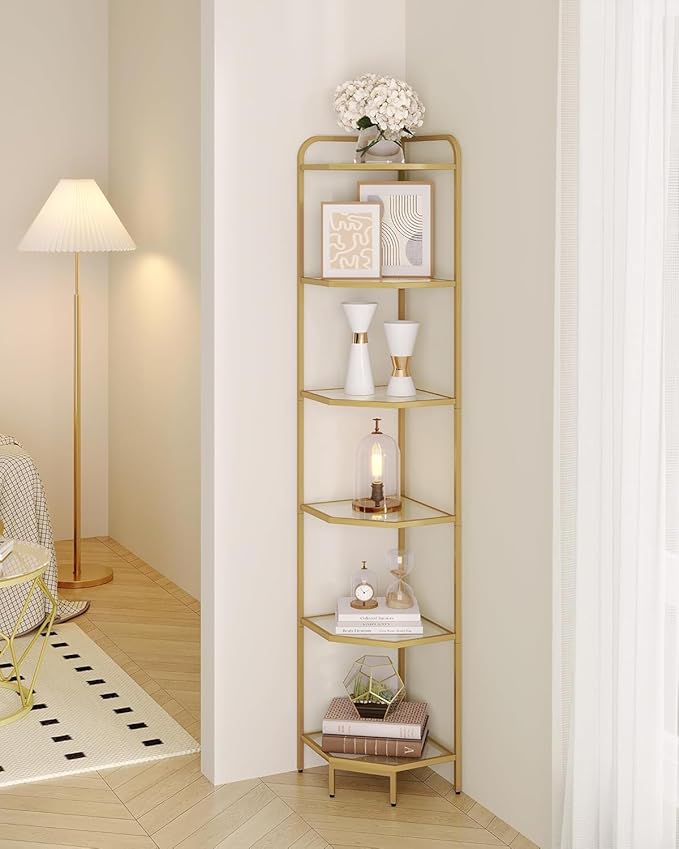 Hzuaneri Corner Shelf Stand, 6-Tier Glass Bookshelf Bookcase, Bathroom Organizer, Plant Stand, Steel Frame, Tempered Glass, Modern Style for Living Room, Bathroom, Kitchen, Golden CS90600G