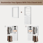 ROOMTEC Modular Closet System, 64" Wall-Mounted Closet Organizer with Drawers and Hanging Rods, Wooden Tower for Walk-In Closets, Wardrobe Storage Kit, White