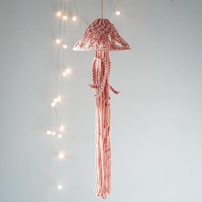Macrame Wall Hanging,Jellyfish Dream Catcher with Star Lights,Bohemian Woven Wall Art Decor Beautiful Apartment Dorm Room Door Decoration (Pink)
